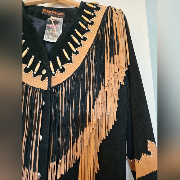 3B West vintage Fringe leather jacket Bone Bead Studs DD Western Wear Size Large - Picture 3 of 13